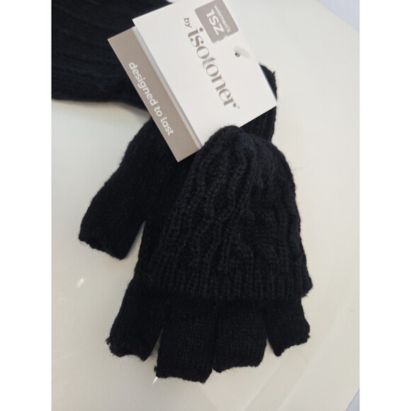 NWT ISOTONER women Glove To Mitten Snap convertible Black Knit 1 Sz Fits Most - Picture 2 of 7
